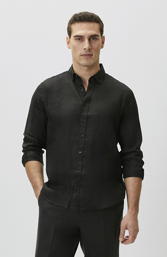 Comfort Fit Siyah Keten Gömlek