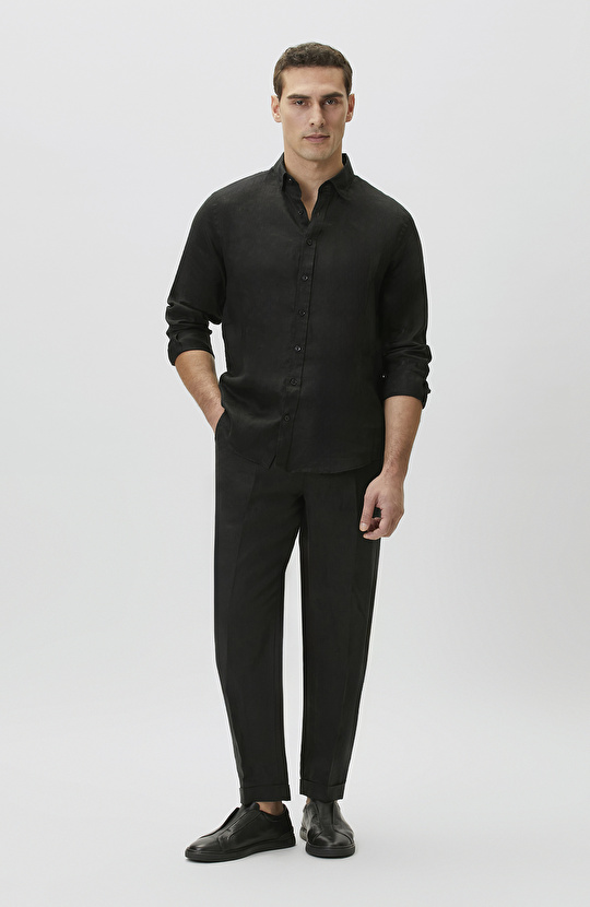 Comfort Fit Siyah Keten Gömlek