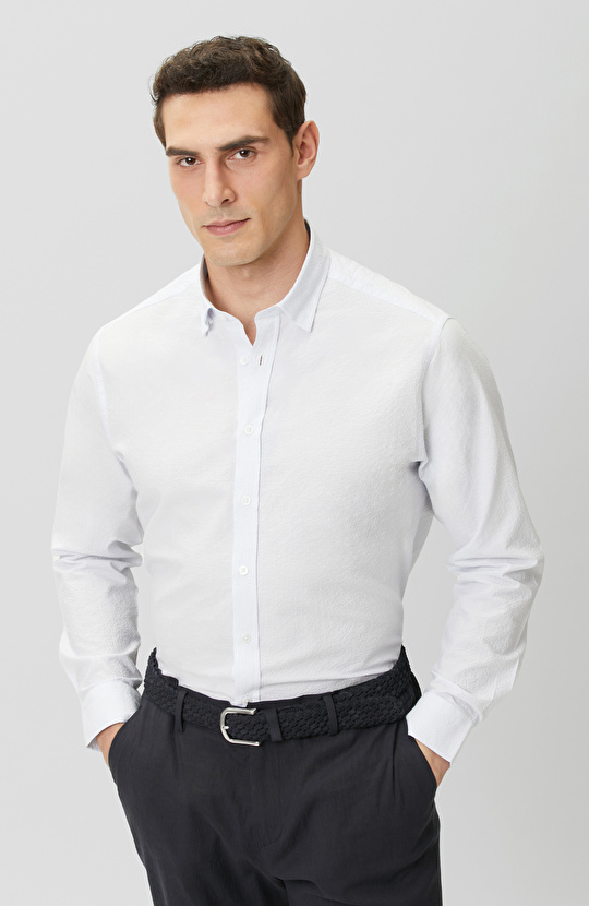 Mavi Beyaz Çizgili Gofreli Comfort Gömlek