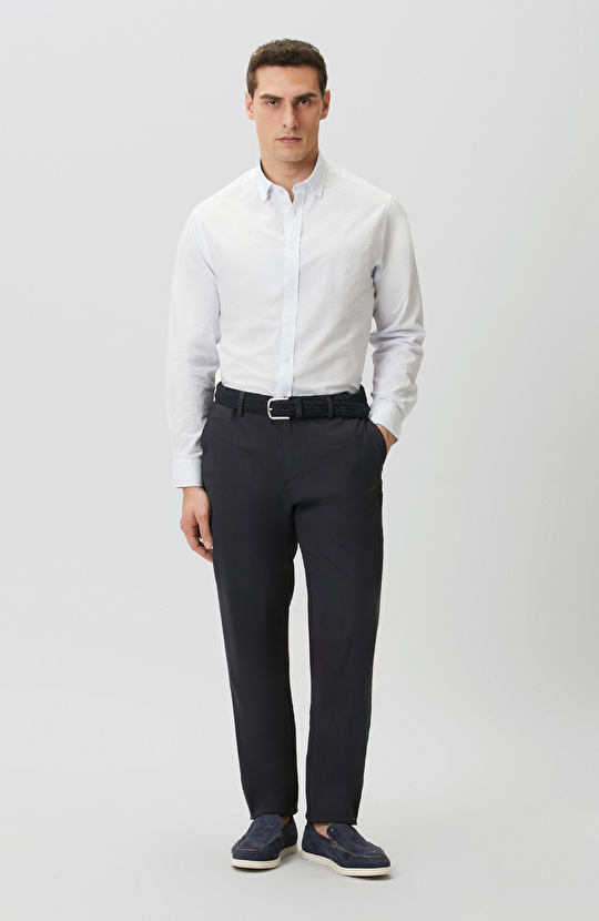 Mavi Beyaz Çizgili Gofreli Comfort Gömlek