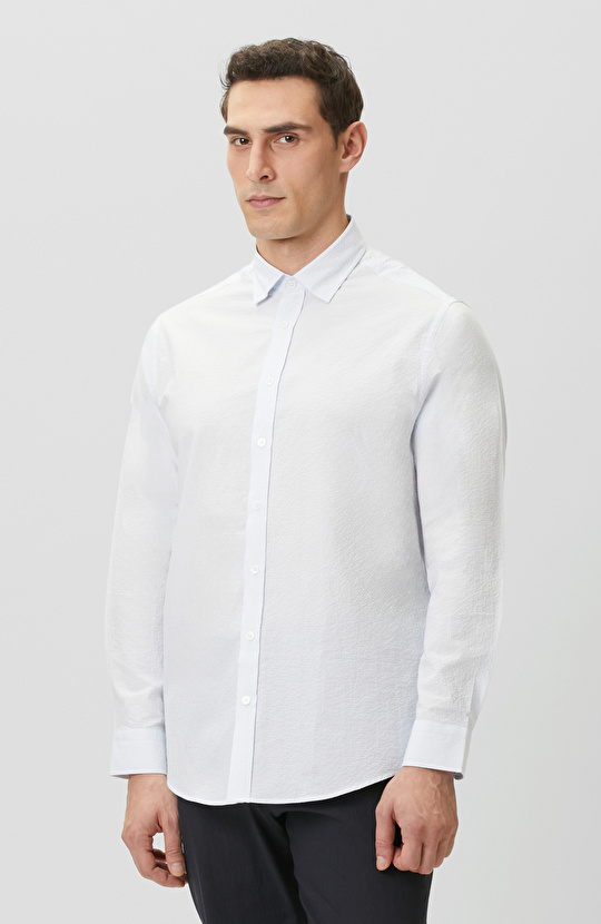 Mavi Beyaz Çizgili Gofreli Comfort Gömlek