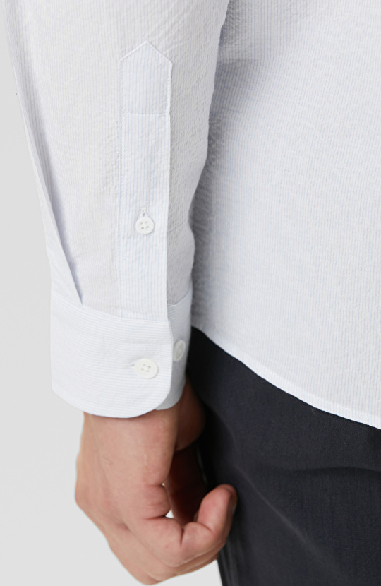 Mavi Beyaz Çizgili Gofreli Comfort Gömlek