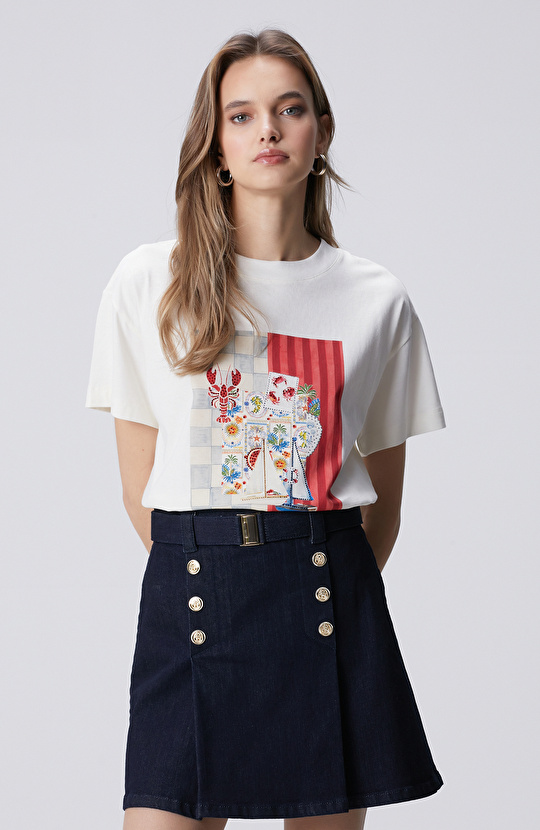 Kırık Beyaz Baskılı T-shirt