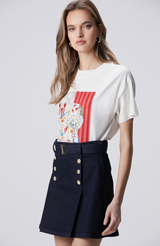 Kırık Beyaz Baskılı T-shirt