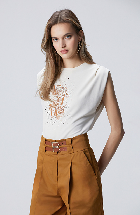 Bej Baskılı T-shirt