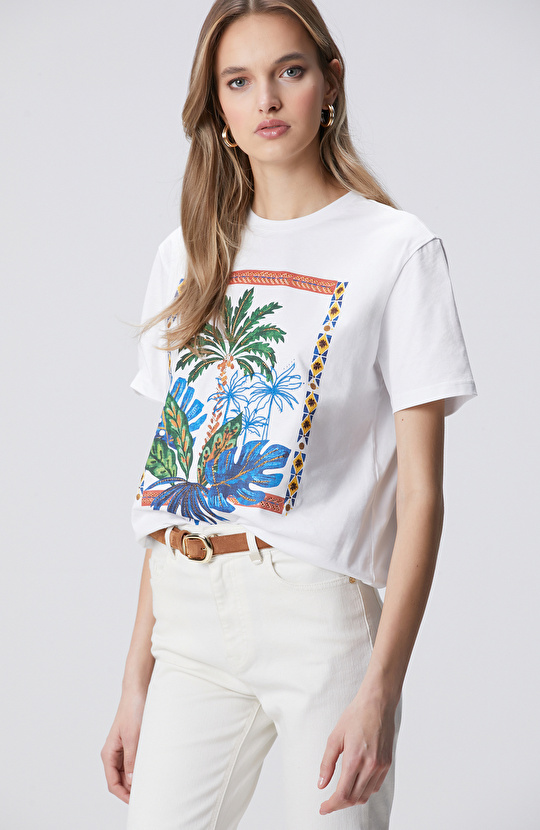 Kırık Beyaz Ön ve Arka Beden Baskılı T-shirt