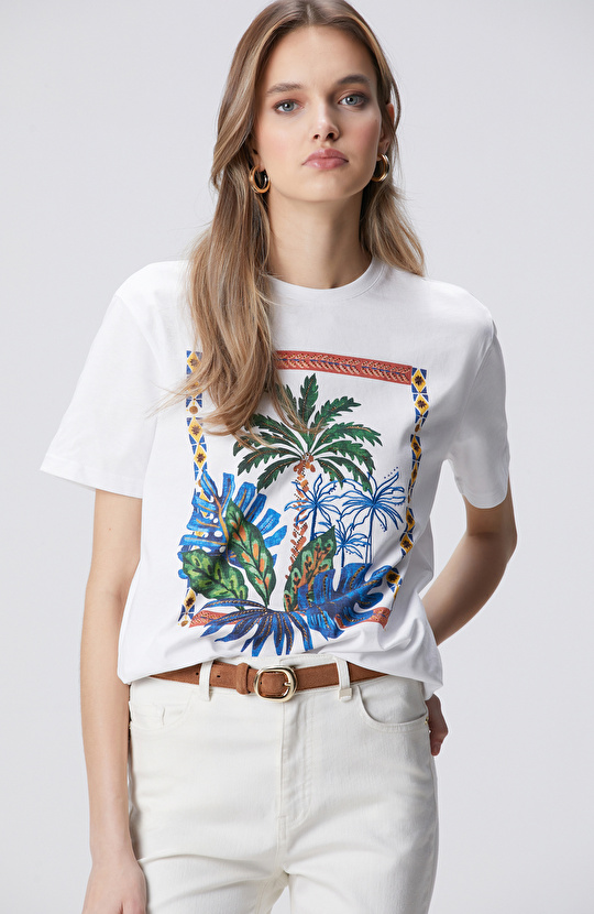 Kırık Beyaz Ön ve Arka Beden Baskılı T-shirt