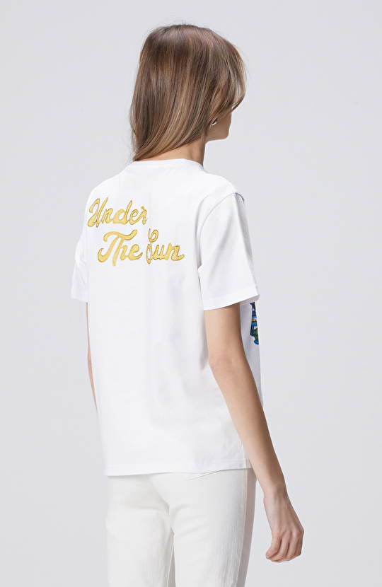 Kırık Beyaz Ön ve Arka Beden Baskılı T-shirt