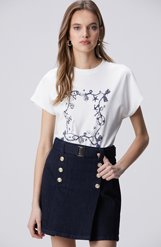 Kırık Beyaz Baskılı Hotfixli T-shirt