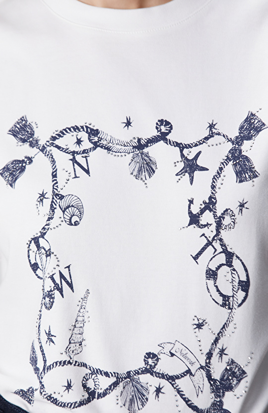 Kırık Beyaz Baskılı Hotfixli T-shirt