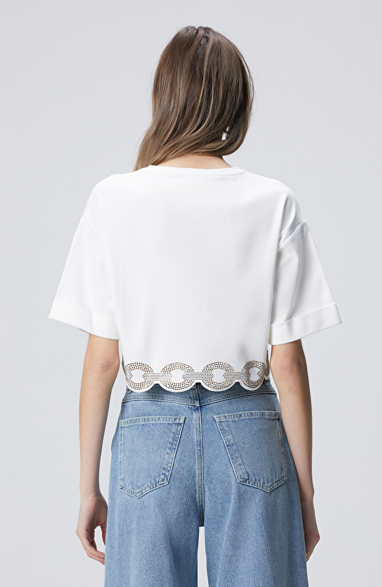Kırık Beyaz Etek Ucu Taş Baskılı T-shirt