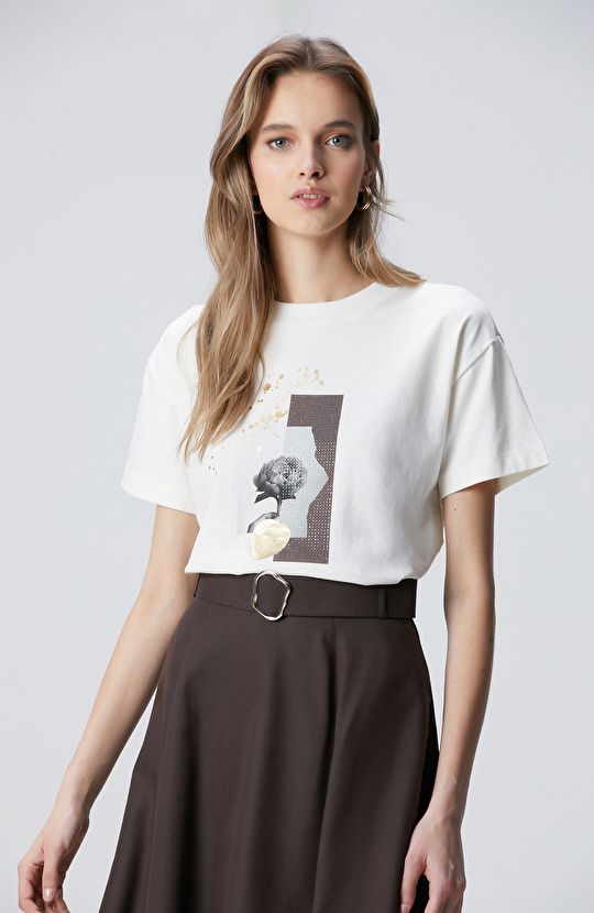 Kırık Beyaz Baskılı T-shirt