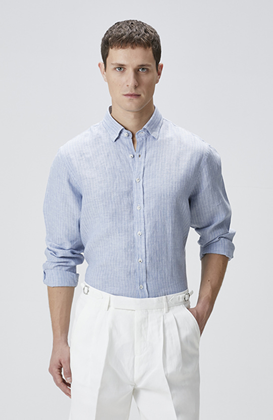 Mavi Çizgili Keten Gömlek