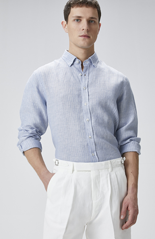 Mavi Çizgili Keten Gömlek