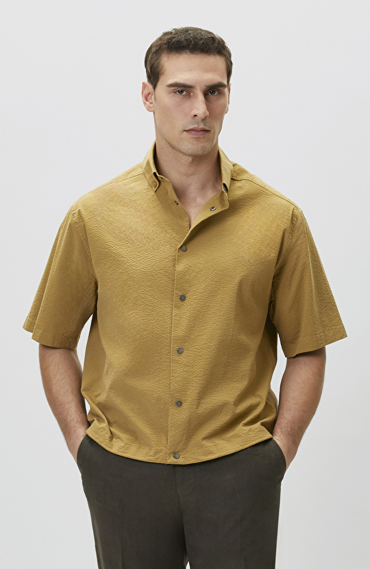 Relaxed Fit Yağ Yeşili Gofreli Gömlek