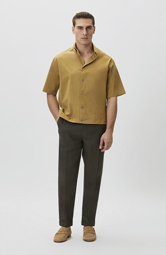 Relaxed Fit Yağ Yeşili Gofreli Gömlek