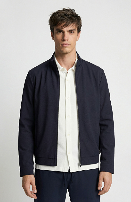 Lacivert Gofre Desenli Dik Yaka Mont