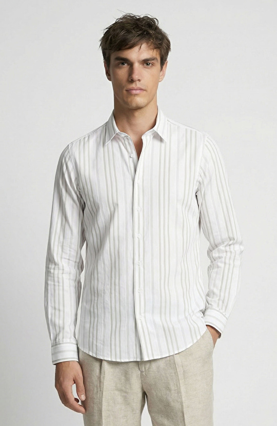 Haki Jakarlı Çizgili Gömlek