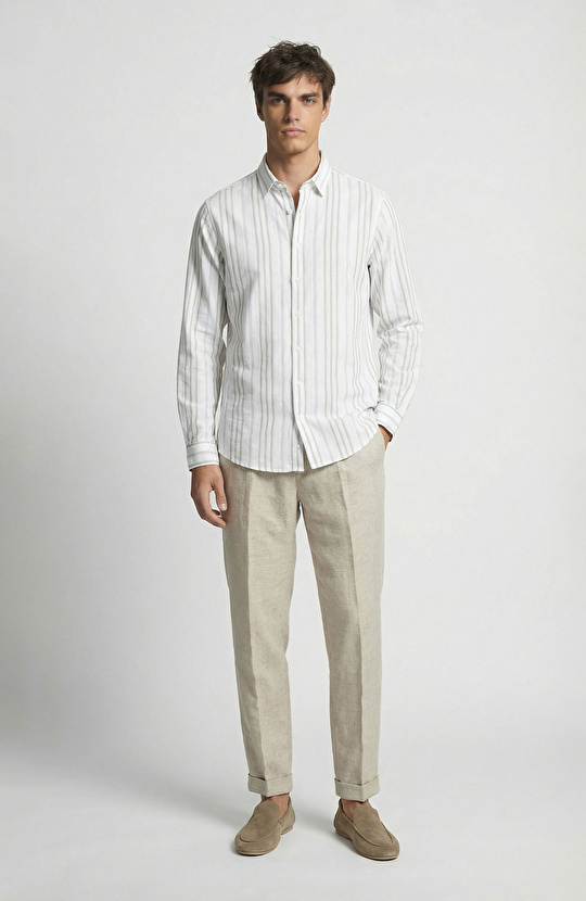 Haki Jakarlı Çizgili Gömlek