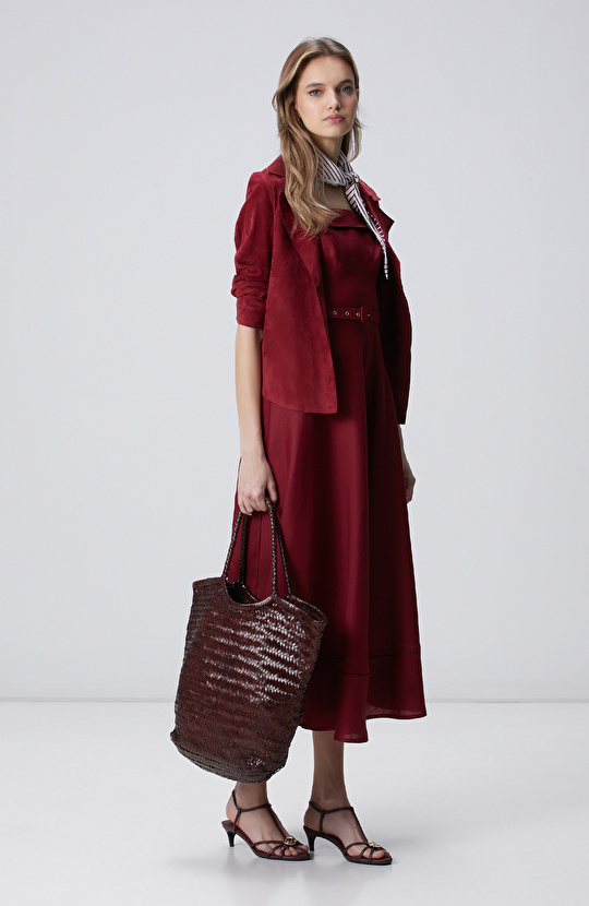 Bordo Kadın Örgü Deri Shopper Çanta