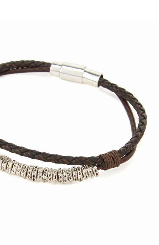 Siyah Erkek Deri Karışımlı Bileklik