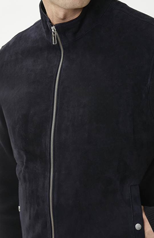 Lacivert Triko Garnili Süet Bomber Mont