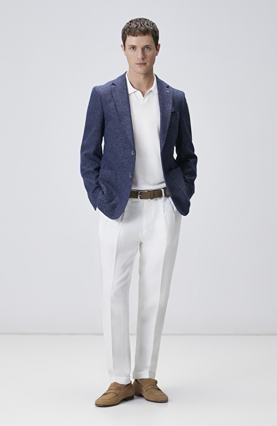 Kırık Beyaz Çift Pilili Keten Karışımlı Pantolon