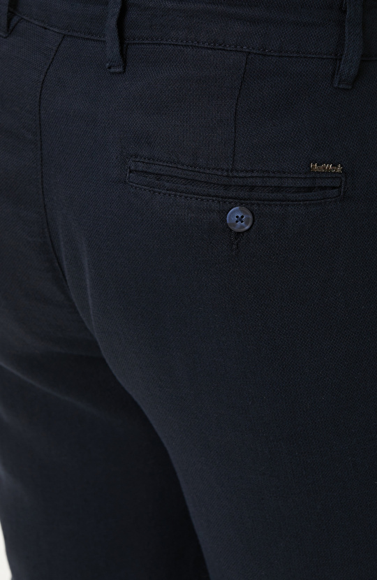 Lacivert Dokuma Pamuk Keten Armür Desen Pantolon