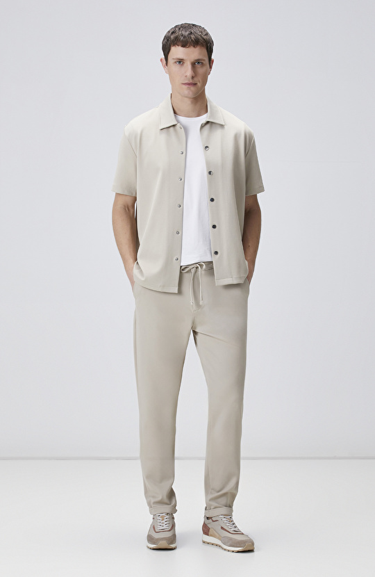 Bej Duble Paça Diyagonal Örme Jogger Pantolon