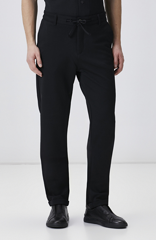 Siyah Duble Paça Diyagonal Örme Jogger Pantolon