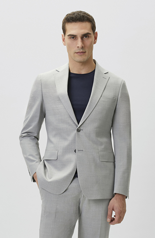 Slim Fit Açık Gri Yün Karışımlı Takım Elbise