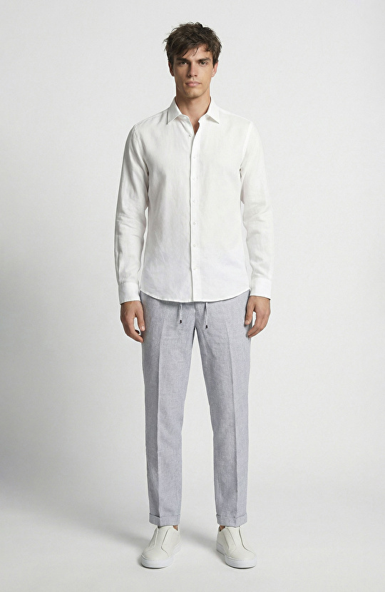 Koyu Mavi Keten Dokuma Pantolon