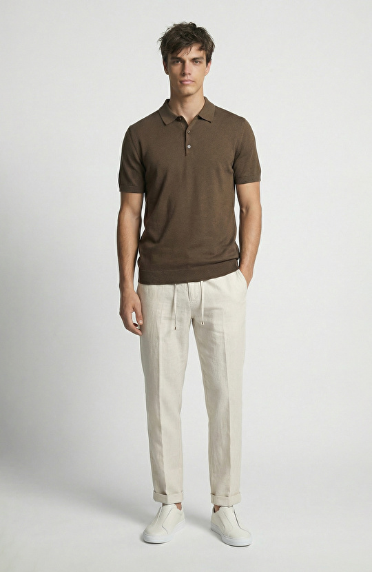 Jogger Beige Striped Cotton Linen Woven Trousers