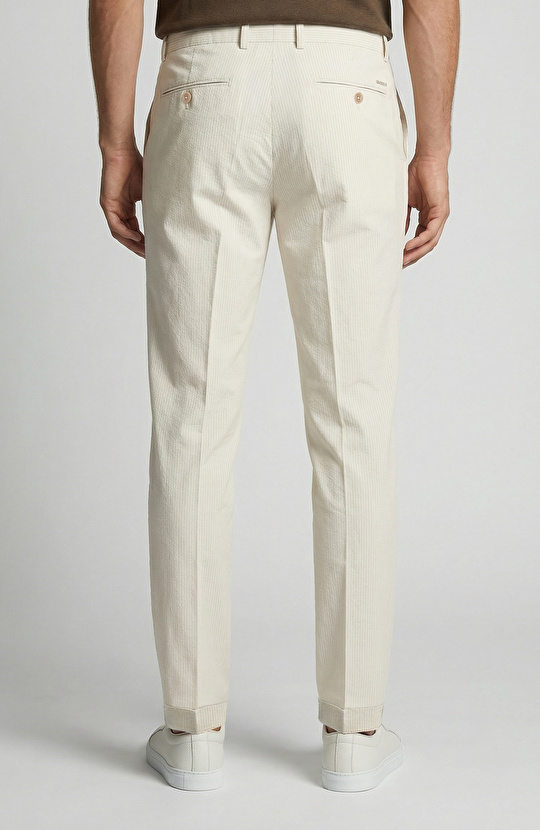 Jogger Bej Çizgili Pamuk Keten Dokuma Pantolon