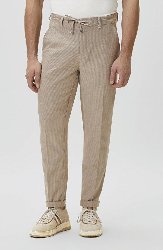 Jogger Kahve Çizgili Pamuk Keten Dokuma Pantolon