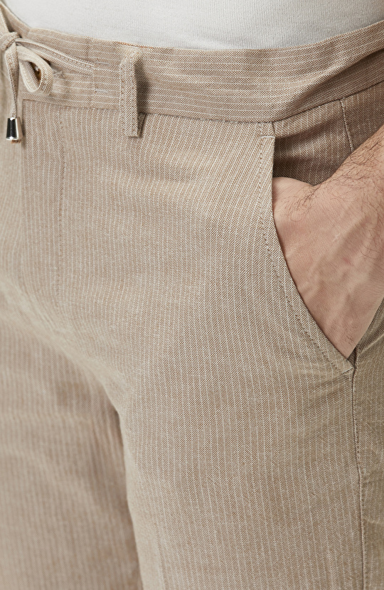 Jogger Kahve Çizgili Pamuk Keten Dokuma Pantolon