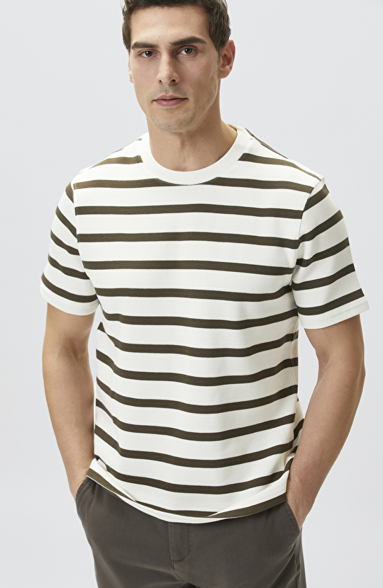 Ekru Haki Çizgili Örme T-shirt