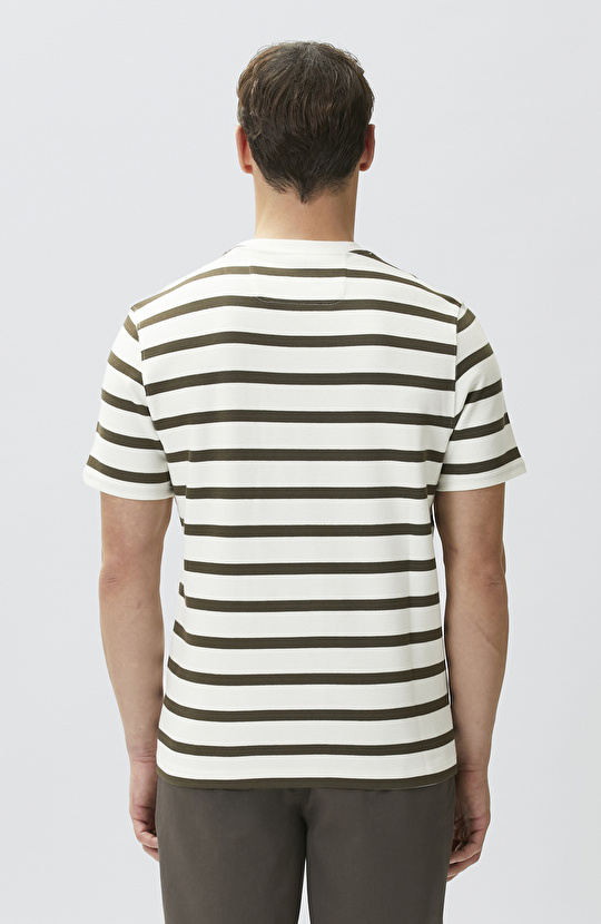 Ekru Haki Çizgili Örme T-shirt