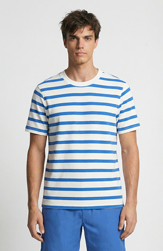 Ekru Mavi Çizgili Örme T-Shirt