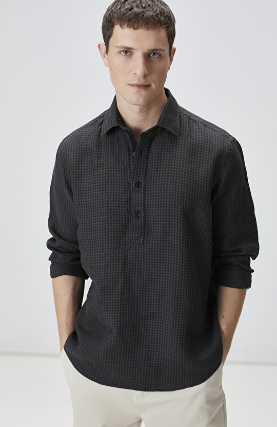 Siyah Antrasit Pötikareli Keten Gömlek