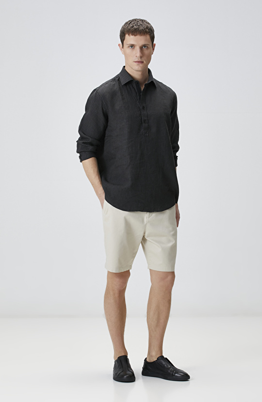 Siyah Antrasit Pötikareli Keten Gömlek