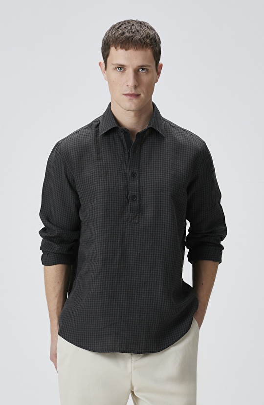 Siyah Antrasit Pötikareli Keten Gömlek