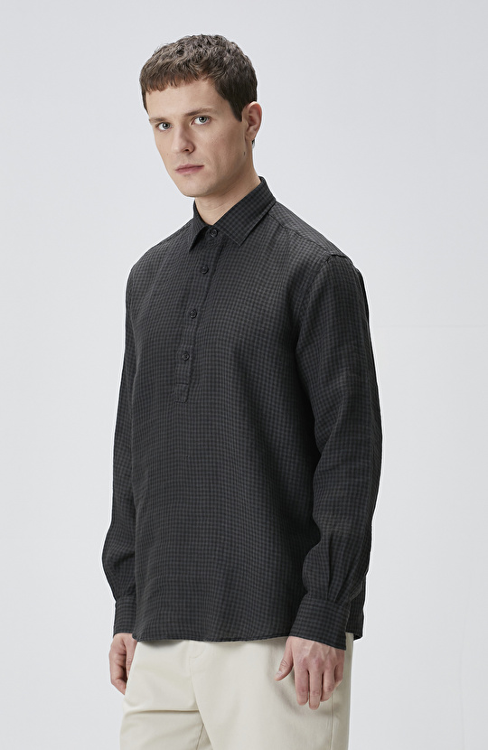 Siyah Antrasit Pötikareli Keten Gömlek