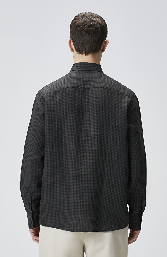 Siyah Antrasit Pötikareli Keten Gömlek