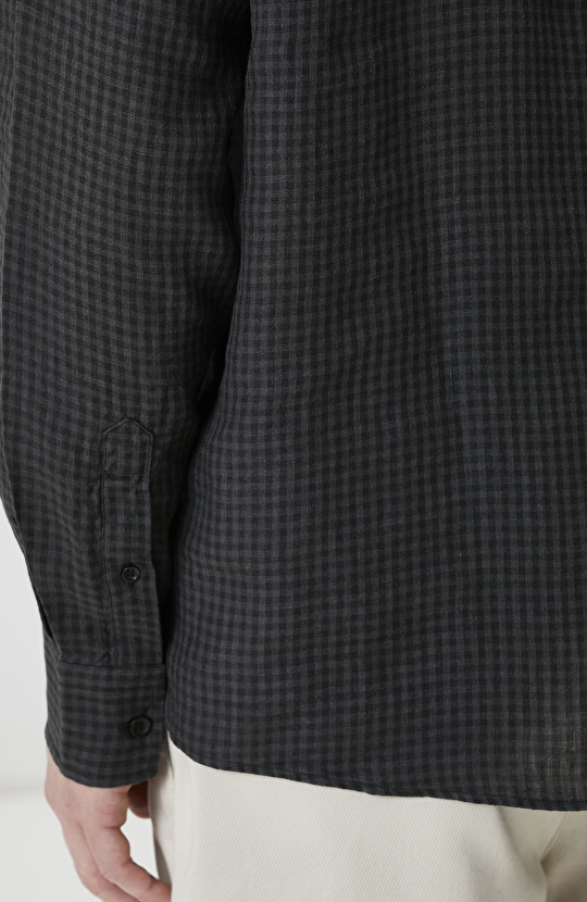 Siyah Antrasit Pötikareli Keten Gömlek