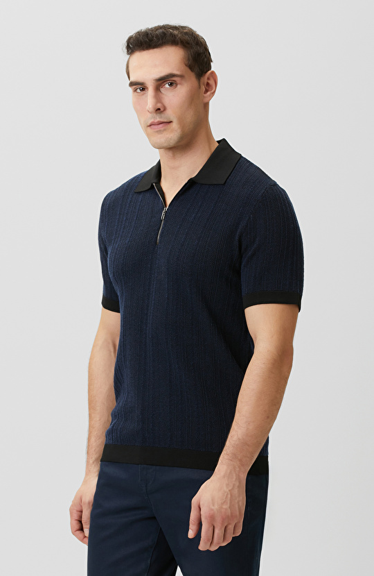 N-Tech Lacivert Polo Yaka Fermuarlı Triko Kazak