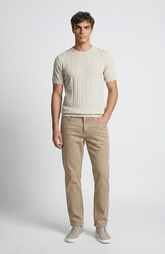 Naturel Çizgi Desenli Keten Karışımlı Triko Kazak