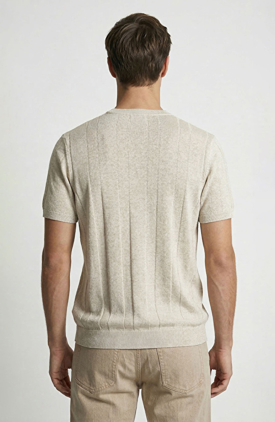 Naturel Çizgi Desenli Keten Karışımlı Triko Kazak