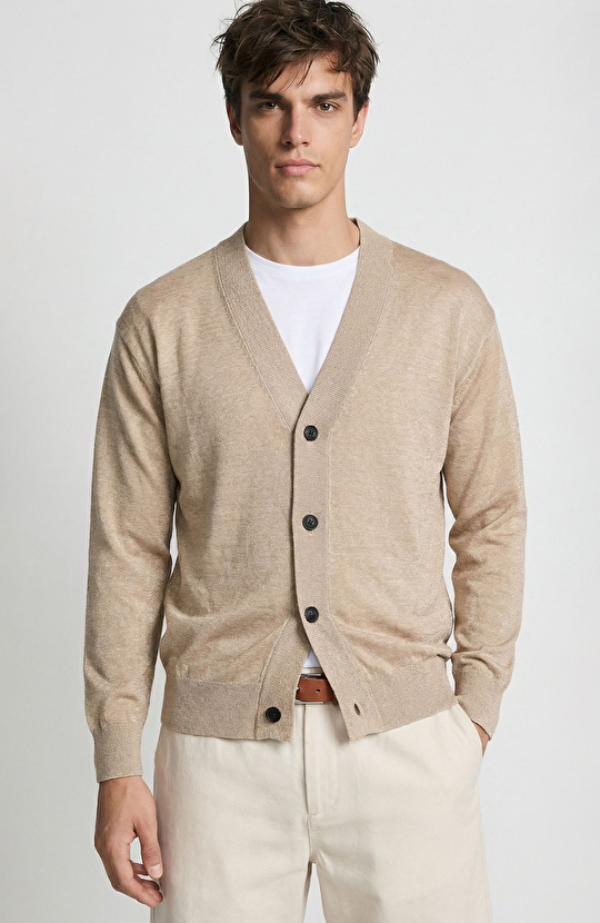 Bej Keten Karışımlı Triko Hırka