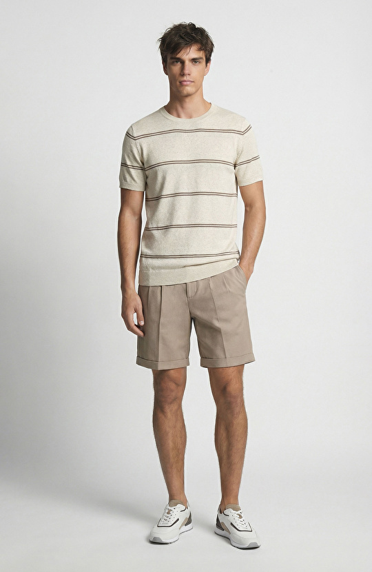 Bej Çizgili Keten Karışımlı Triko Kazak